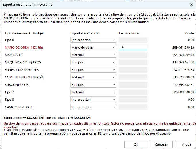 CTBudget 2026 - Exportar insumos a Primavera P6 (nuevo 2026)